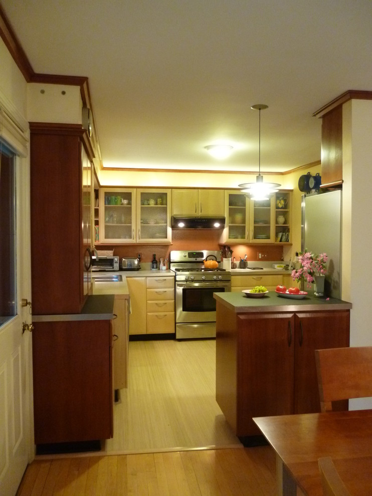 バーリントンにあるミッドセンチュリースタイルのおしゃれなダイニングキッチン (ガラス扉のキャビネット、シルバーの調理設備、リノリウムの床) の写真