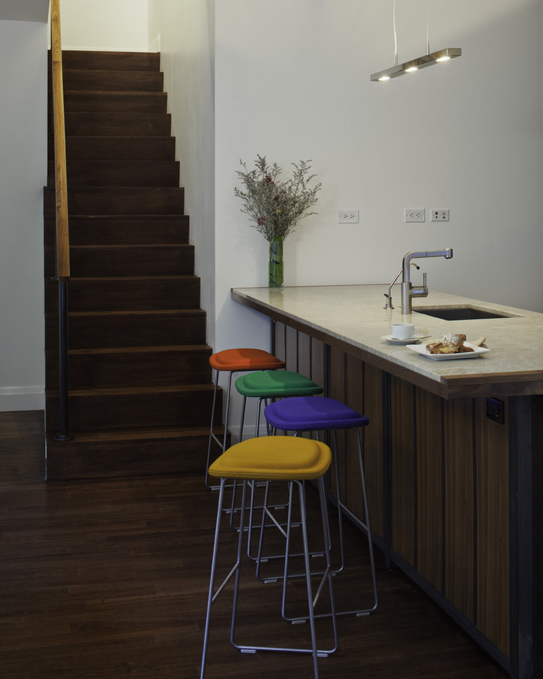 Photo of a modern kitchen in New York with a submerged sink and dark wood cabinets.