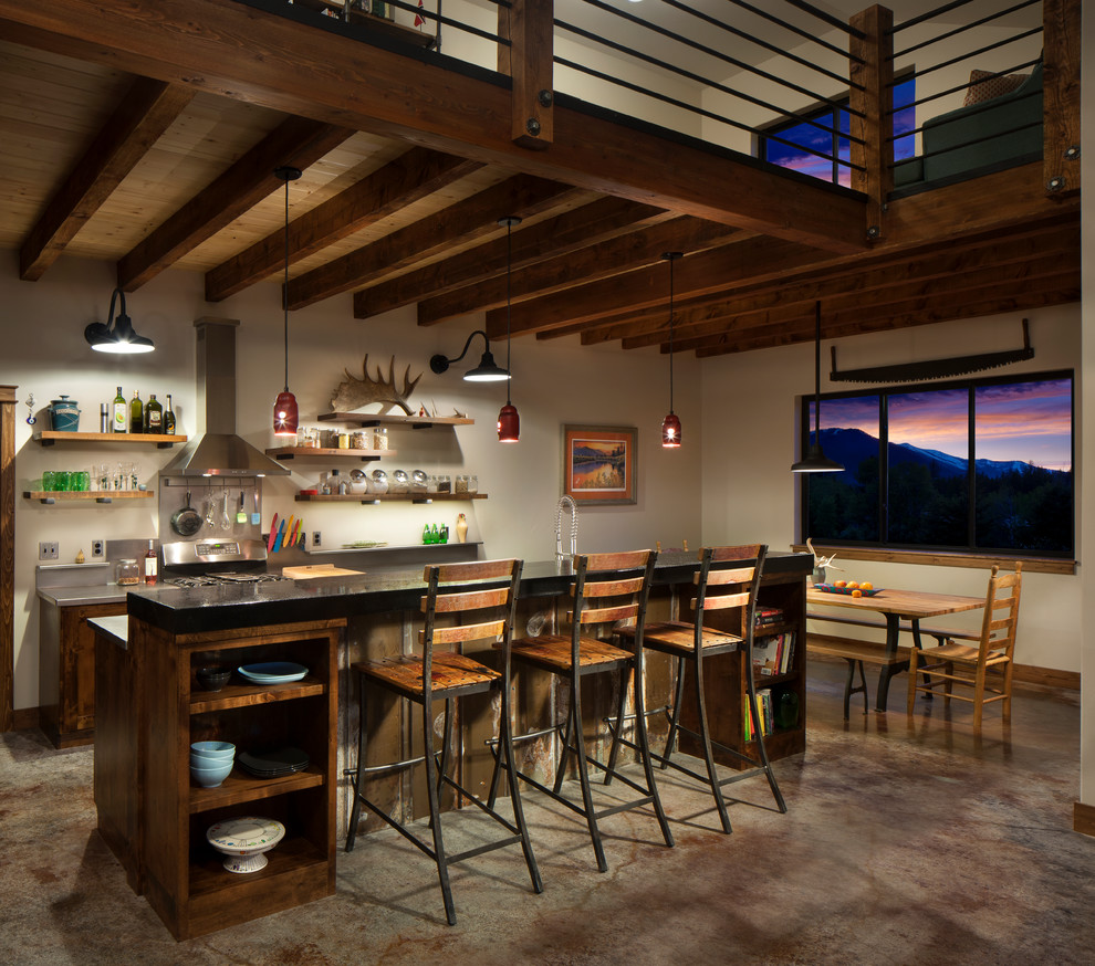 Mountain style galley concrete floor open concept kitchen photo in Other with dark wood cabinets, stainless steel appliances and an island