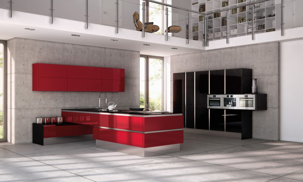 Photo of a medium sized modern l-shaped kitchen in Vancouver with a single-bowl sink, flat-panel cabinets, red cabinets, glass worktops, stainless steel appliances, cement flooring, a breakfast bar, grey floors and black worktops.