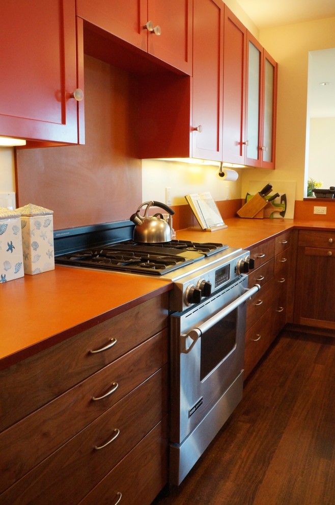 red, brown and gold kitchen Contemporary Kitchen San Francisco