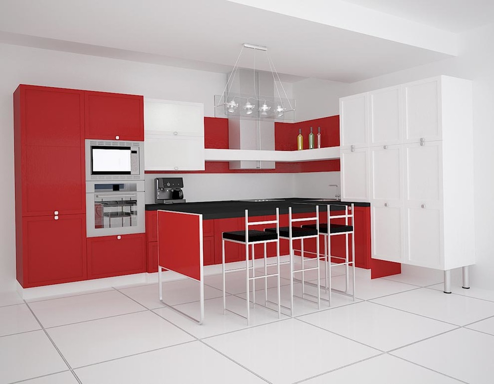 Modern l-shaped kitchen/diner in Toronto with a built-in sink, recessed-panel cabinets, red cabinets, engineered stone countertops, white splashback, ceramic splashback, stainless steel appliances, cement flooring, an island, white floors and black worktops.