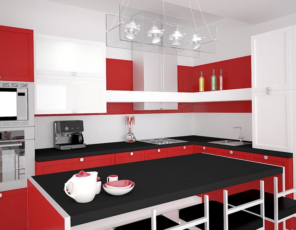 Inspiration for a modern l-shaped kitchen/diner in Toronto with a built-in sink, recessed-panel cabinets, red cabinets, engineered stone countertops, white splashback, ceramic splashback, stainless steel appliances, cement flooring, an island, white floors and black worktops.