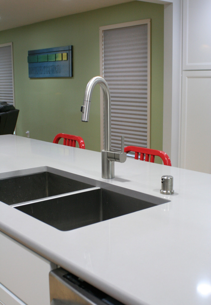 Immagine di una cucina moderna con lavello sottopiano, ante lisce, ante bianche, top in quarzo composito, elettrodomestici in acciaio inossidabile e pavimento in bambù