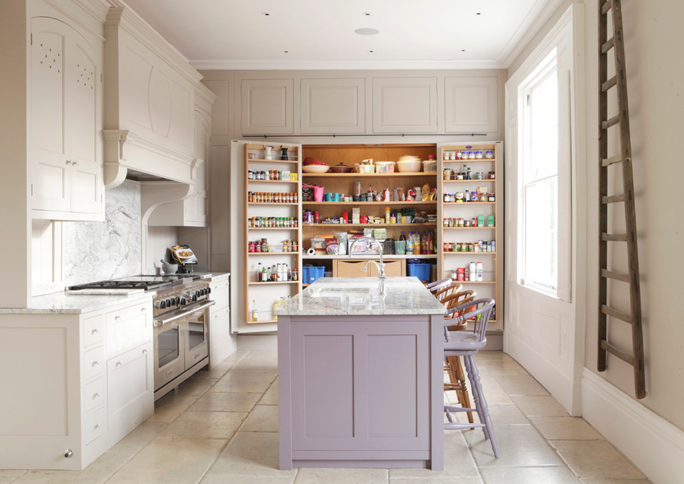 Inspiration for a large victorian grey and cream kitchen in West Midlands with shaker cabinets, marble worktops, stainless steel appliances, ceramic flooring and an island.