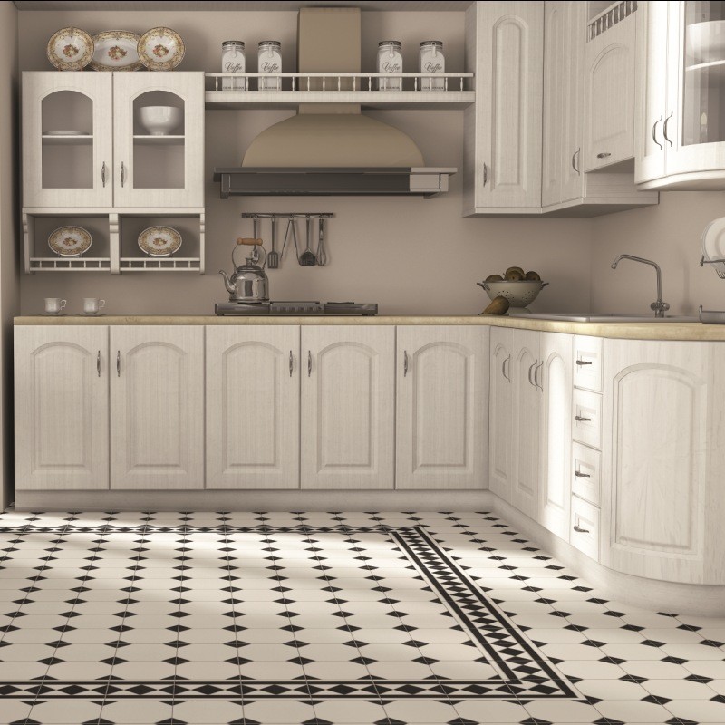 Foto di una cucina abitabile contemporanea di medie dimensioni con paraspruzzi bianco, paraspruzzi con piastrelle in ceramica e pavimento con piastrelle in ceramica