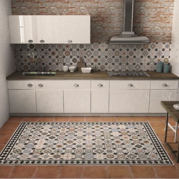 Immagine di una cucina abitabile stile shabby di medie dimensioni con pavimento con piastrelle in ceramica