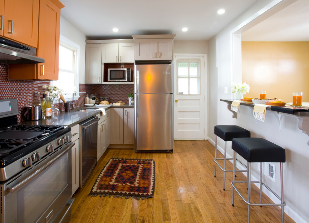 Design ideas for a bohemian kitchen in New York with stainless steel appliances.