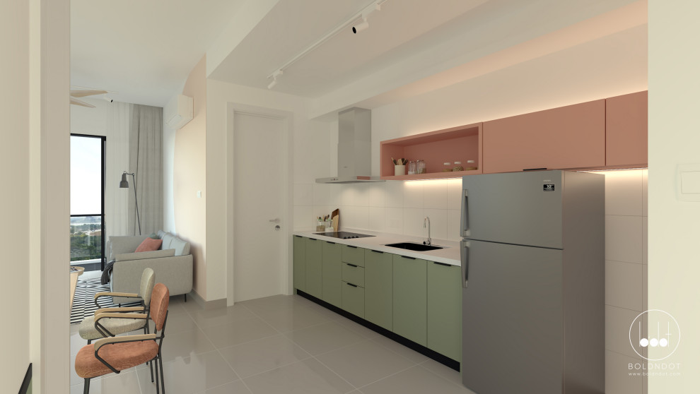 他の地域にあるミッドセンチュリースタイルのおしゃれなL型キッチン (シングルシンク、オープンシェルフ、ピンクのキャビネット、白いキッチンカウンター) の写真