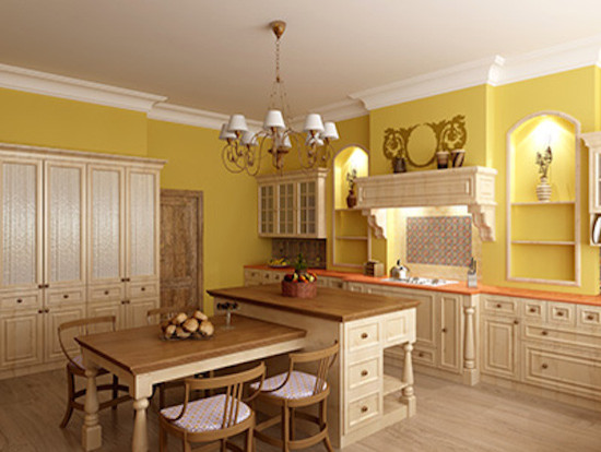 Modelo de cocina clásica grande con armarios con paneles empotrados, puertas de armario blancas, encimera de madera, electrodomésticos con paneles, suelo de madera clara y una isla