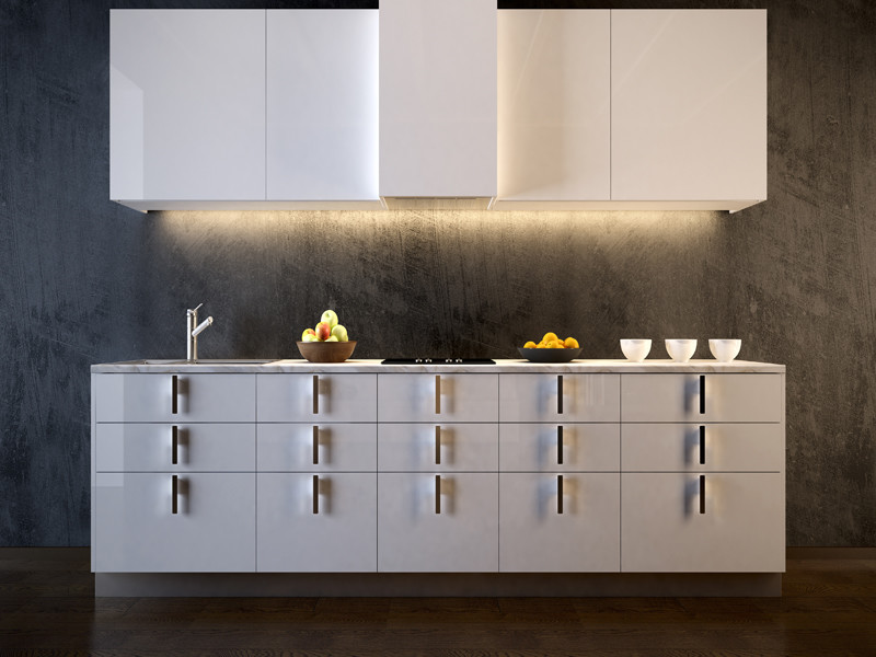 Inspiration for a small modern single-wall dark wood floor eat-in kitchen remodel in Miami with a drop-in sink, flat-panel cabinets, white cabinets, marble countertops, metallic backsplash, stone slab backsplash and no island