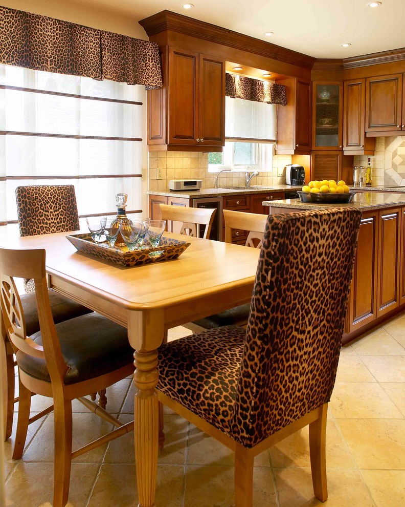 Elegant eat-in kitchen photo in Montreal with raised-panel cabinets, medium tone wood cabinets and beige backsplash