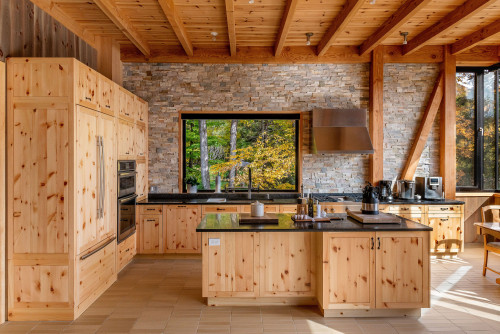 Embracing Nature: All-Natural Wood Cabinets with a Gray Stone Cladding Backsplash