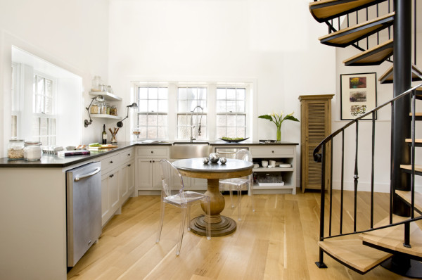Inspiration for a contemporary l-shaped kitchen in Boston with white cabinets.