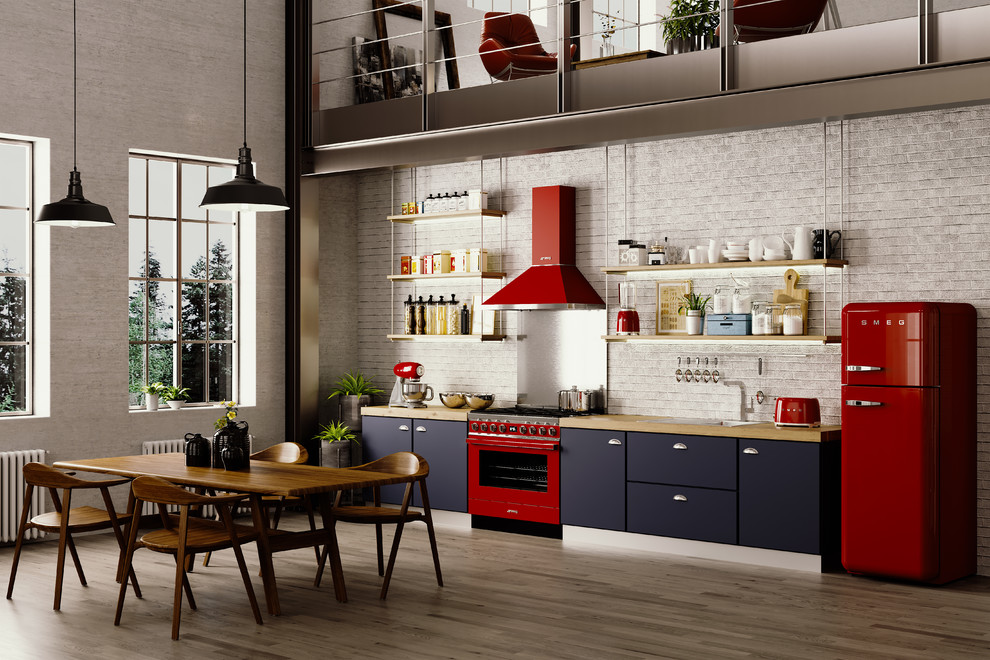 Retro Smeg Kitchen with Red Appliances and Blue Cabinets ...