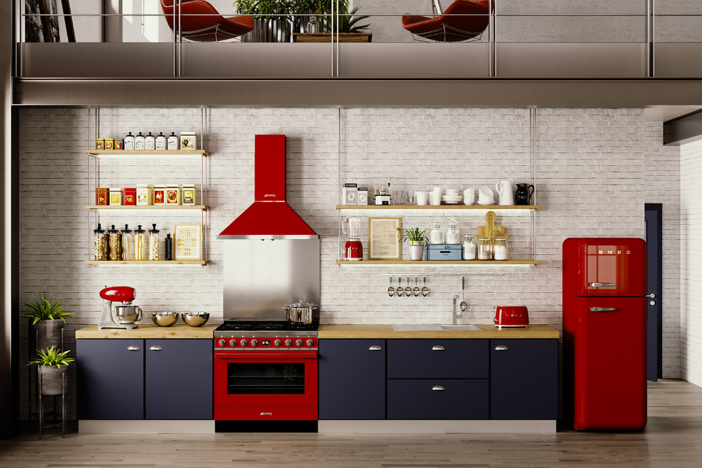Retro Smeg Kitchen With Red Appliances, Blue Kitchen Countertop Appliances