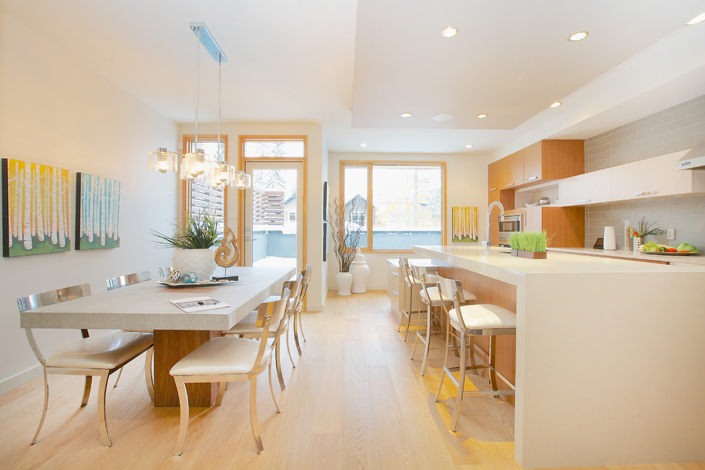 На фото: кухня в современном стиле с плоскими фасадами, светлыми деревянными фасадами и серым фартуком с