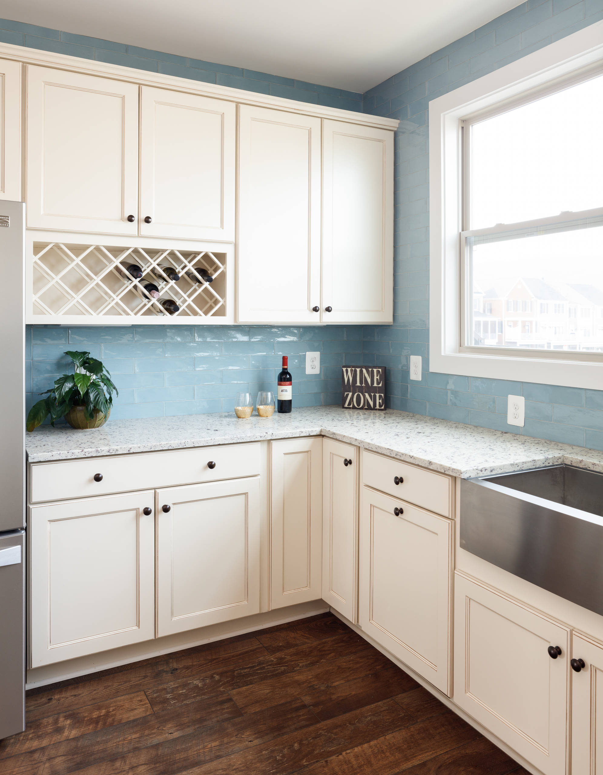 Ridgeview Kitchen With Blue Tiled Wall, Daltile Ridgeview Beige