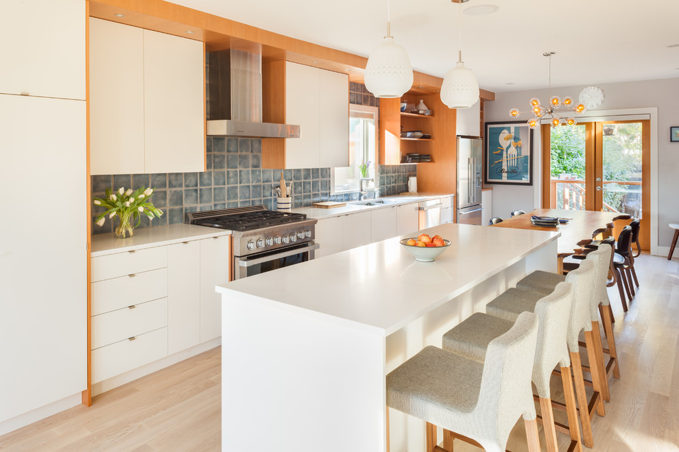 Exempel på ett minimalistiskt linjärt kök och matrum, med en dubbel diskho, släta luckor, vita skåp, blått stänkskydd, rostfria vitvaror och ljust trägolv