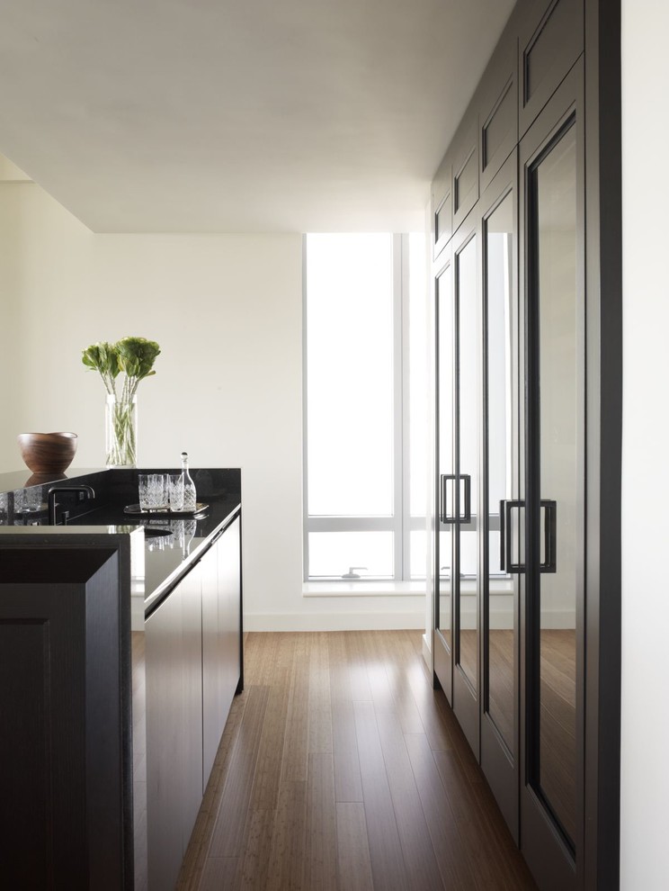 Свежая идея для дизайна: кухня в стиле фьюжн с стеклянными фасадами - отличное фото интерьера