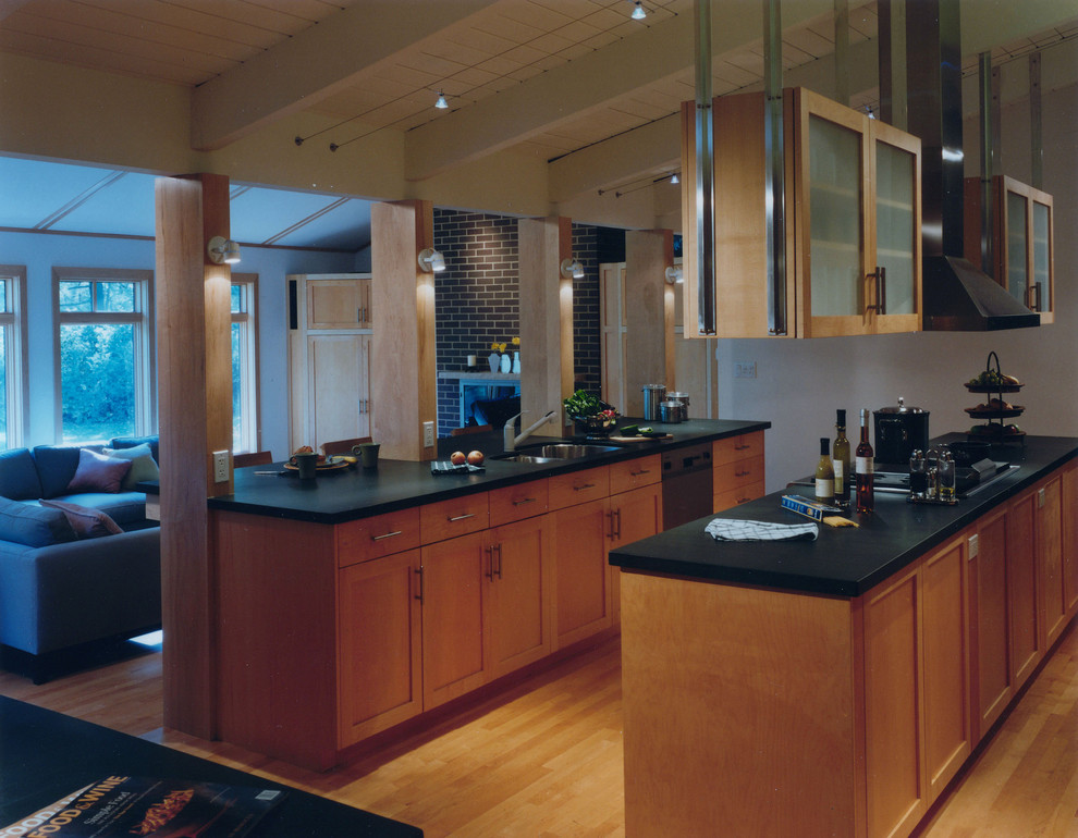 This is an example of a contemporary open plan kitchen in Denver.