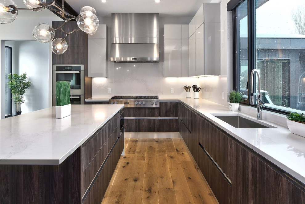 Inspiration for a large u-shaped medium tone wood floor and brown floor open concept kitchen remodel in Toronto with an undermount sink, flat-panel cabinets, dark wood cabinets, marble countertops, white backsplash, marble backsplash, stainless steel appliances, an island and white countertops
