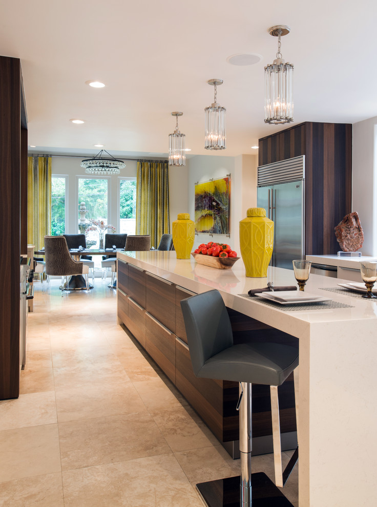 Eat-in kitchen - modern u-shaped travertine floor eat-in kitchen idea in Houston with an undermount sink, flat-panel cabinets, white cabinets, stainless steel appliances, an island, quartz countertops and white backsplash