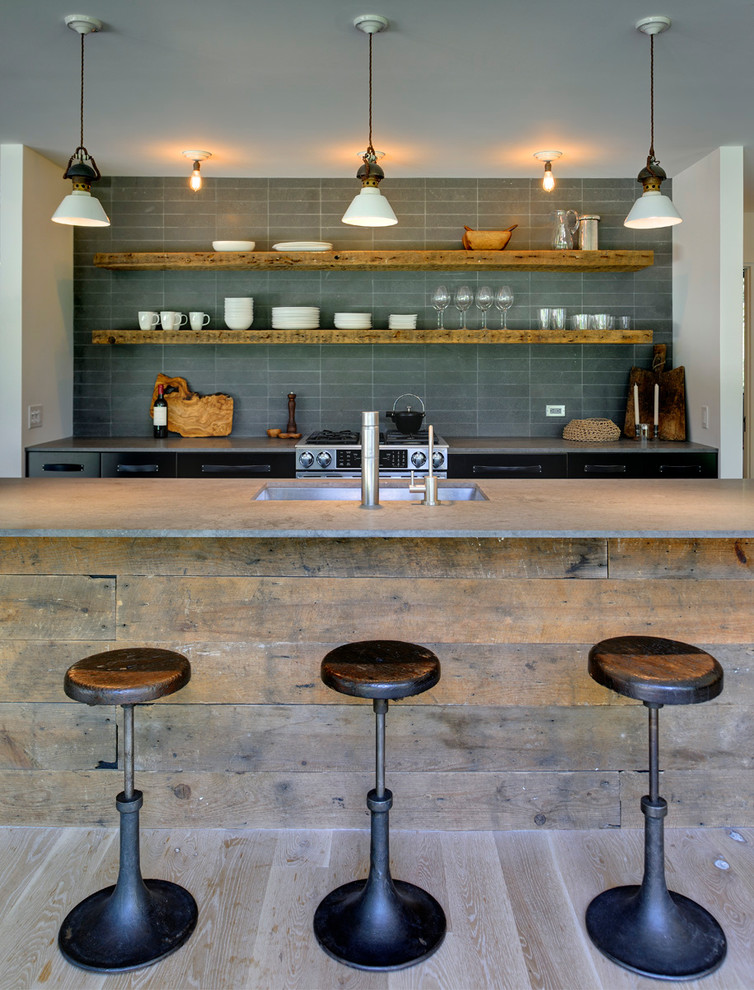 Inspiration for a contemporary kitchen remodel in New York with gray backsplash, open cabinets and an undermount sink
