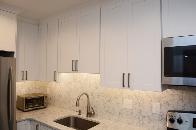 Rockville, MD All White Quartz Condo Kitchen Countertops - Transitional