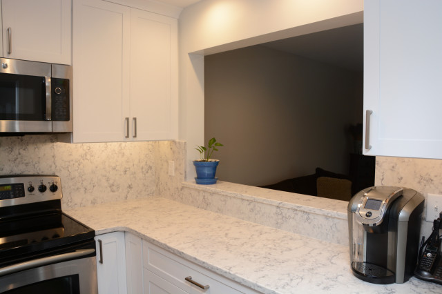 Rockville, MD All White Quartz Condo Kitchen Countertops - Transitional