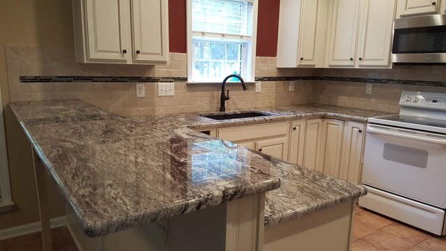 Rocky Mountain Granite with 3 x6 Cestino Tile Backsplash - Traditional ...