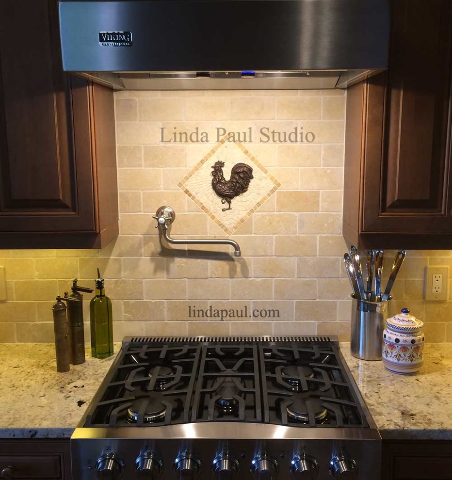 Inspiration for a transitional kitchen remodel in Denver with beige backsplash and mosaic tile backsplash