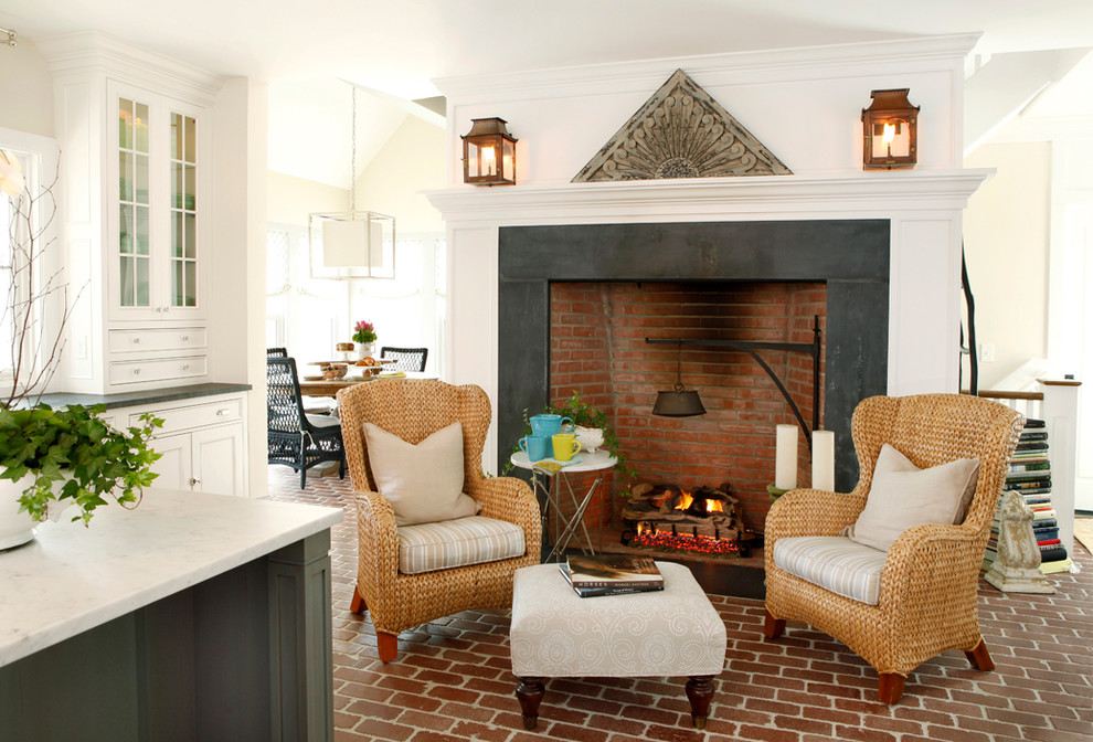 Example of a classic brick floor kitchen design in New York with recessed-panel cabinets and white cabinets
