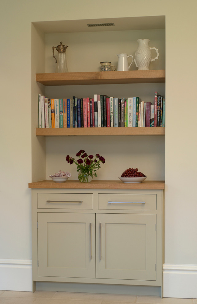 Example of a large trendy open concept kitchen design in London with recessed-panel cabinets, light wood cabinets and an island