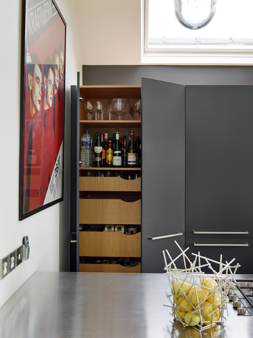 Unique Pantry Inspirations: Contemporary Kitchen with Dark Gray Tone Storage Cabinets