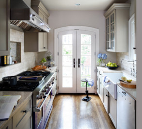 Inspiration for a timeless galley eat-in kitchen remodel in DC Metro with a farmhouse sink and subway tile backsplash