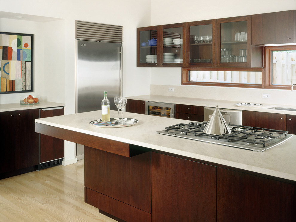 Ejemplo de cocina moderna con armarios tipo vitrina, puertas de armario de madera en tonos medios, electrodomésticos de acero inoxidable y una isla