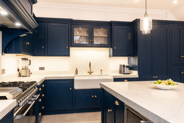 Royal Navy Blue Shaker Style Kitchen with integrated dining seating ...