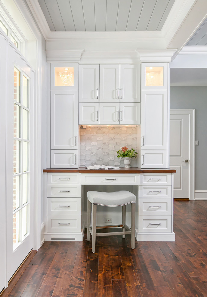Eat-in kitchen - large transitional l-shaped dark wood floor and brown floor eat-in kitchen idea in Philadelphia with a farmhouse sink, shaker cabinets, white cabinets, marble countertops, gray backsplash, marble backsplash, stainless steel appliances and an island