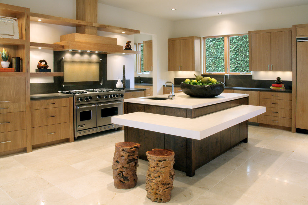 Eclectic l-shaped kitchen photo in Houston with stainless steel appliances, an undermount sink, flat-panel cabinets, medium tone wood cabinets and black backsplash