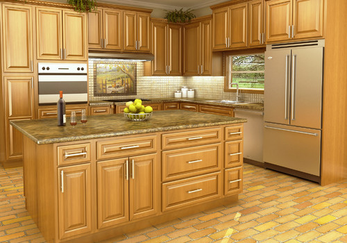 Traditional wood RTA kitchen cabinets with island and stainless steel appliances in a warm modern kitchen