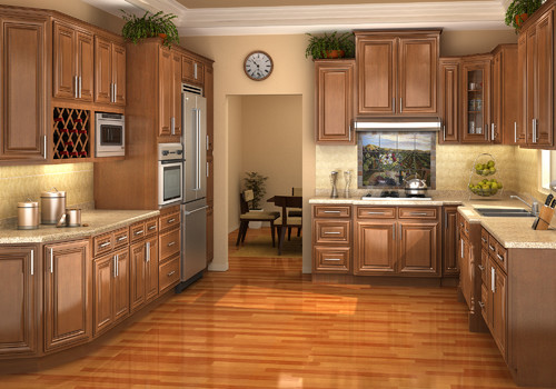 Classic wood RTA kitchen cabinets with granite countertops and U-shaped layout in a warm traditional kitchen
