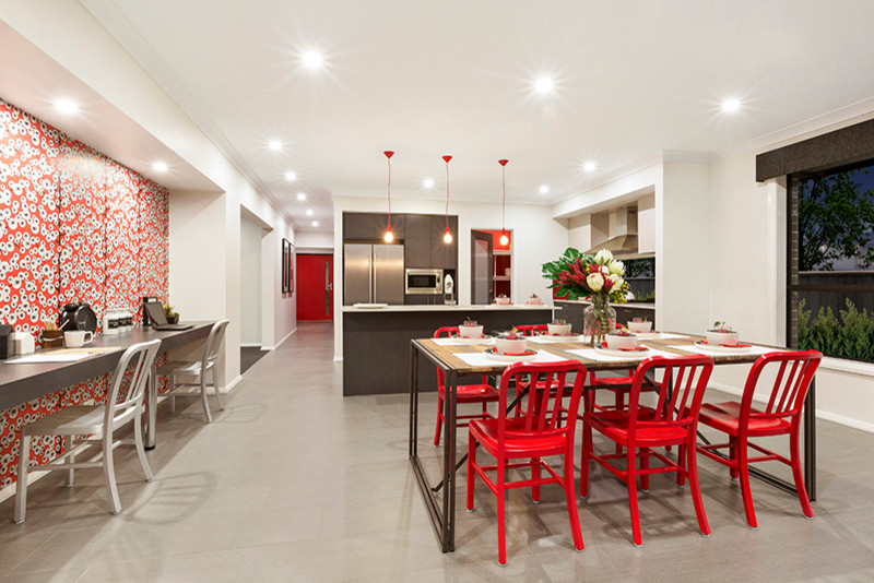 Medium sized contemporary l-shaped open plan kitchen in Sydney with a built-in sink, flat-panel cabinets, dark wood cabinets, quartz worktops, red splashback, mosaic tiled splashback, stainless steel appliances, ceramic flooring and an island.