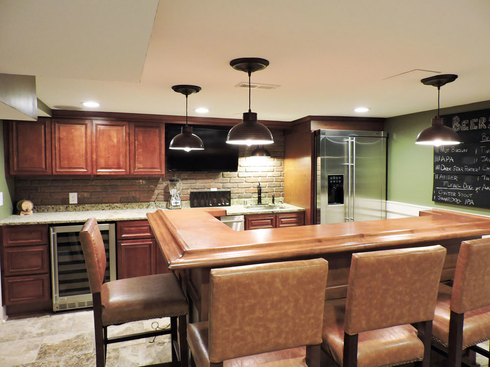 Example of a mid-sized mountain style single-wall open concept kitchen design in Louisville with an island