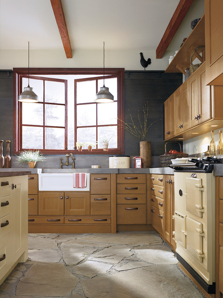 Eat-in kitchen - large rustic eat-in kitchen idea in Edmonton with a farmhouse sink, flat-panel cabinets and an island