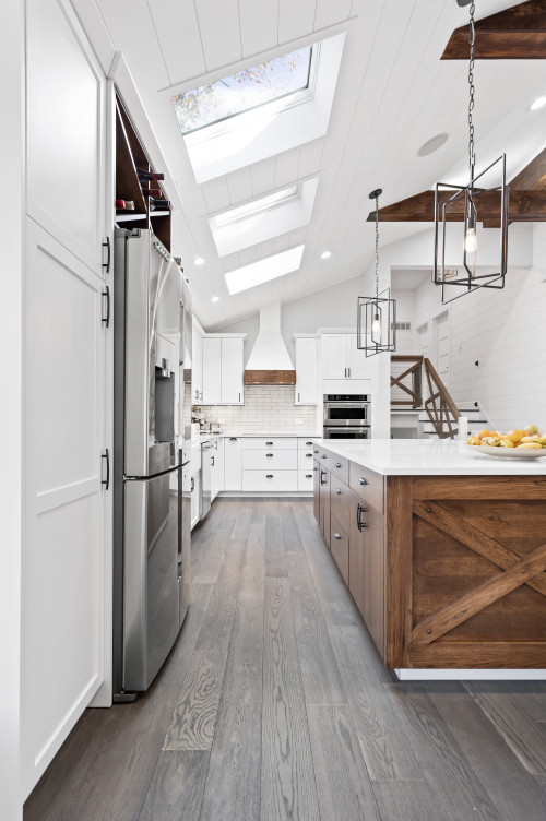 Rustic Farmhouse White Cabinets with Skylights and White Shaker Cabinets
