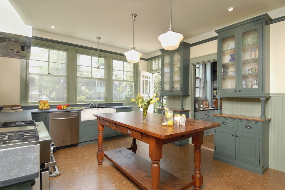 Photo of a traditional grey and cream kitchen in Boston with stainless steel appliances.