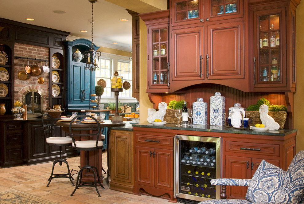 This is an example of a farmhouse kitchen in Indianapolis with brown cabinets.