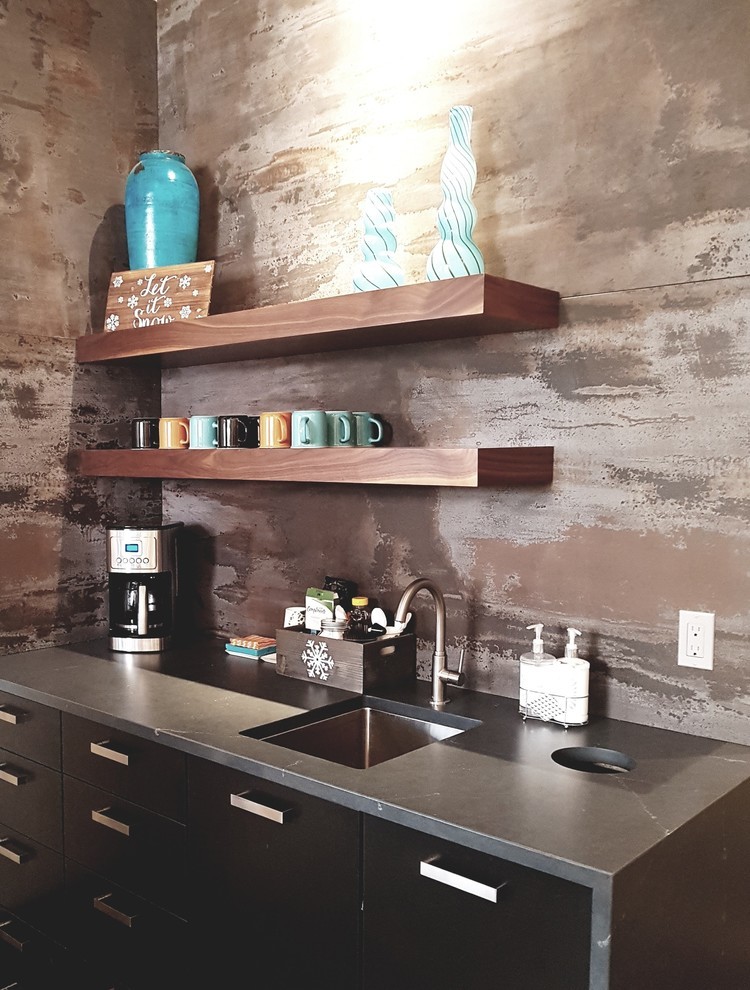 Small mountain style single-wall kitchen photo in Edmonton with quartz countertops