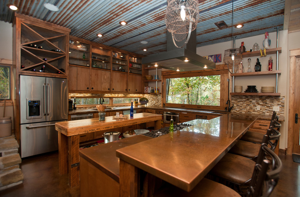 Photo of a rustic u-shaped kitchen in Dallas with a submerged sink, open cabinets, medium wood cabinets, multi-coloured splashback, mosaic tiled splashback and stainless steel appliances.
